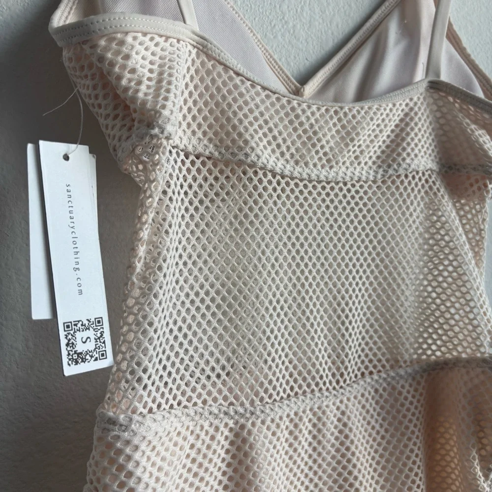 NWT Sanctuary Swim Scoop-Neck High-Leg One-Piece Swimsuit Light Sand Mesh Cutout